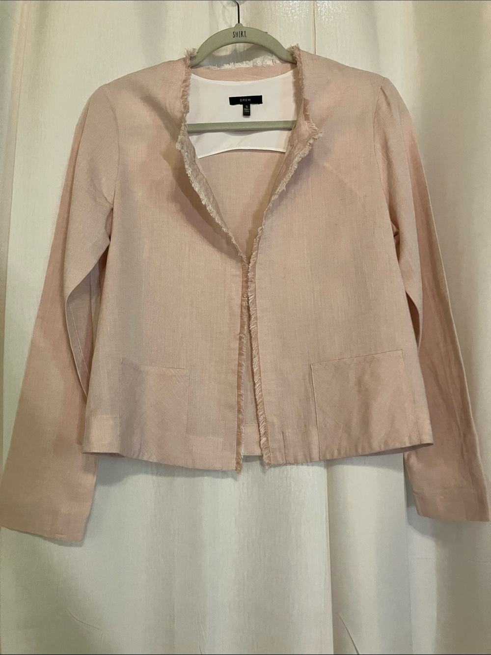 DREW Pale Pink Fringe-Trim Open Front Jacket